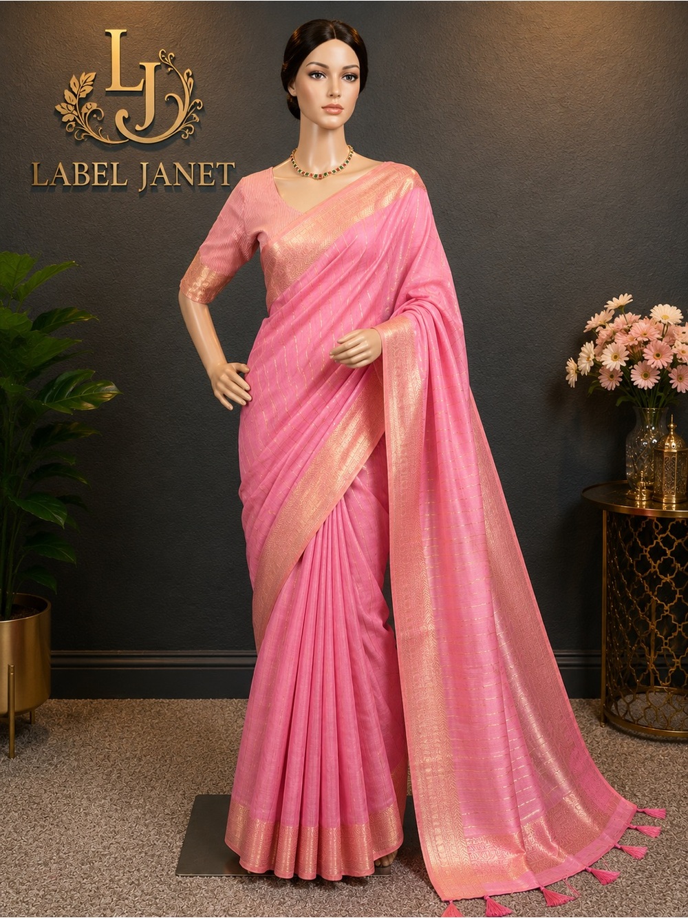 Brand new Baby pink soft cotton saree with stitched blouse (34” - 42”)